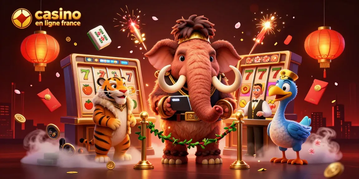 Animation d'un mammouth bouncer vérifiant les identités au casino en ligne France, avec des éléments de jeux flottants.