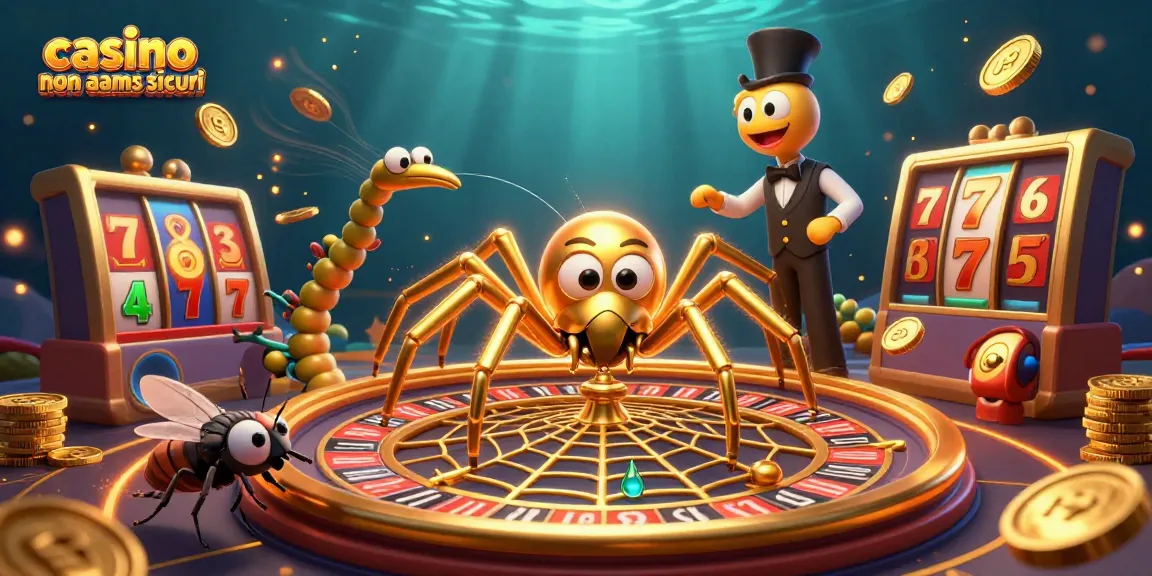 Slot e giochi del "casino non aams sicuri" con una ragnatela dorata e un croupier insetto in azione.