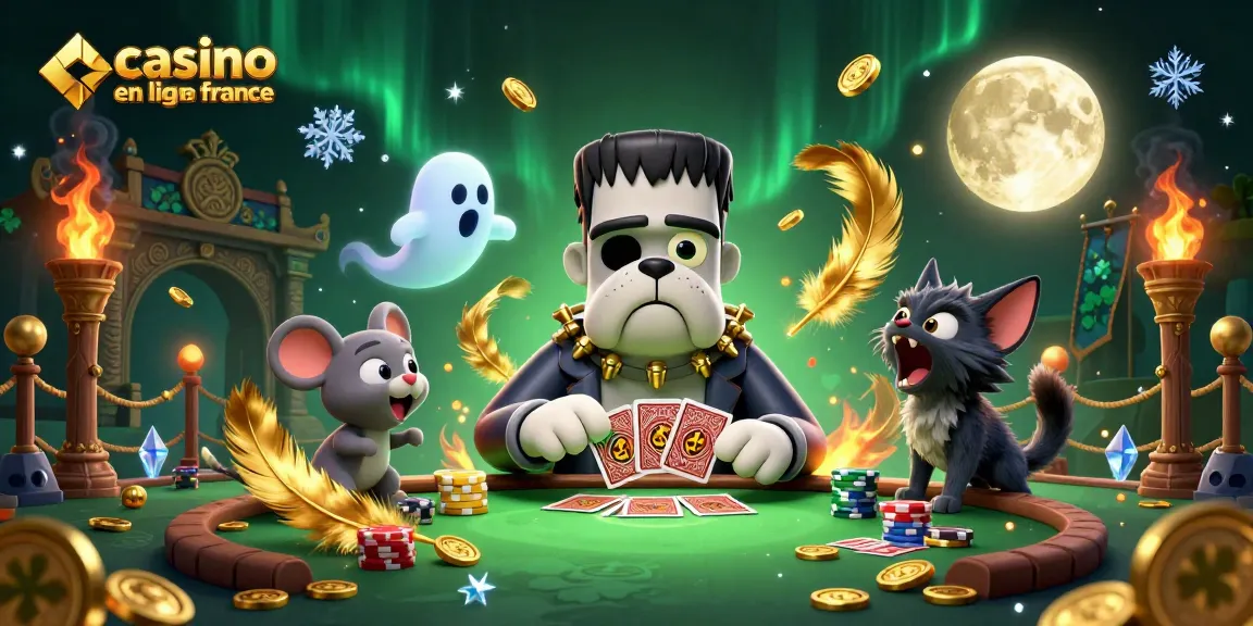 Jouer au casino en ligne France avec un bulldog Frankenstein et un chat loup, ambiance mystérieuse