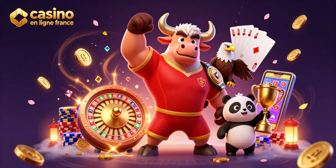 Scène dynamique avec casino en ligne France, mascotte taureau, aigle et panda célébrant autour de pièces d'or.