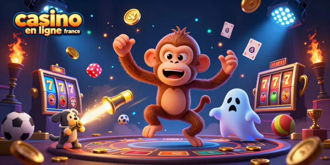 Image animée représentant un casino en ligne France avec un singe poltergeist jonglant des objets d'or.